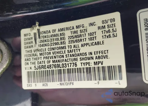 2009 Honda Cr-V Ex-L z USA, uszkodzony, nr VIN 5J6RE48769L031776